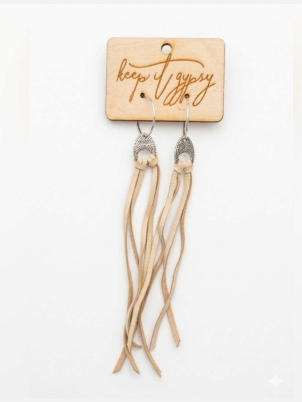 Keep It Gypsy Beige Fringe Leather Earrings with Silver Accents - Picture 7 of 8
